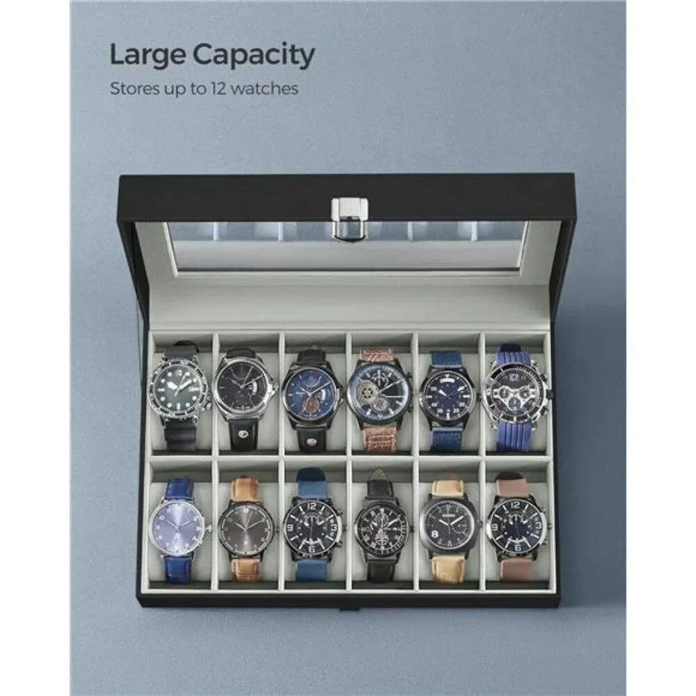 SONGMICS Watch Box 12 Slot Display Case Glass Lid Black Leather Organizer